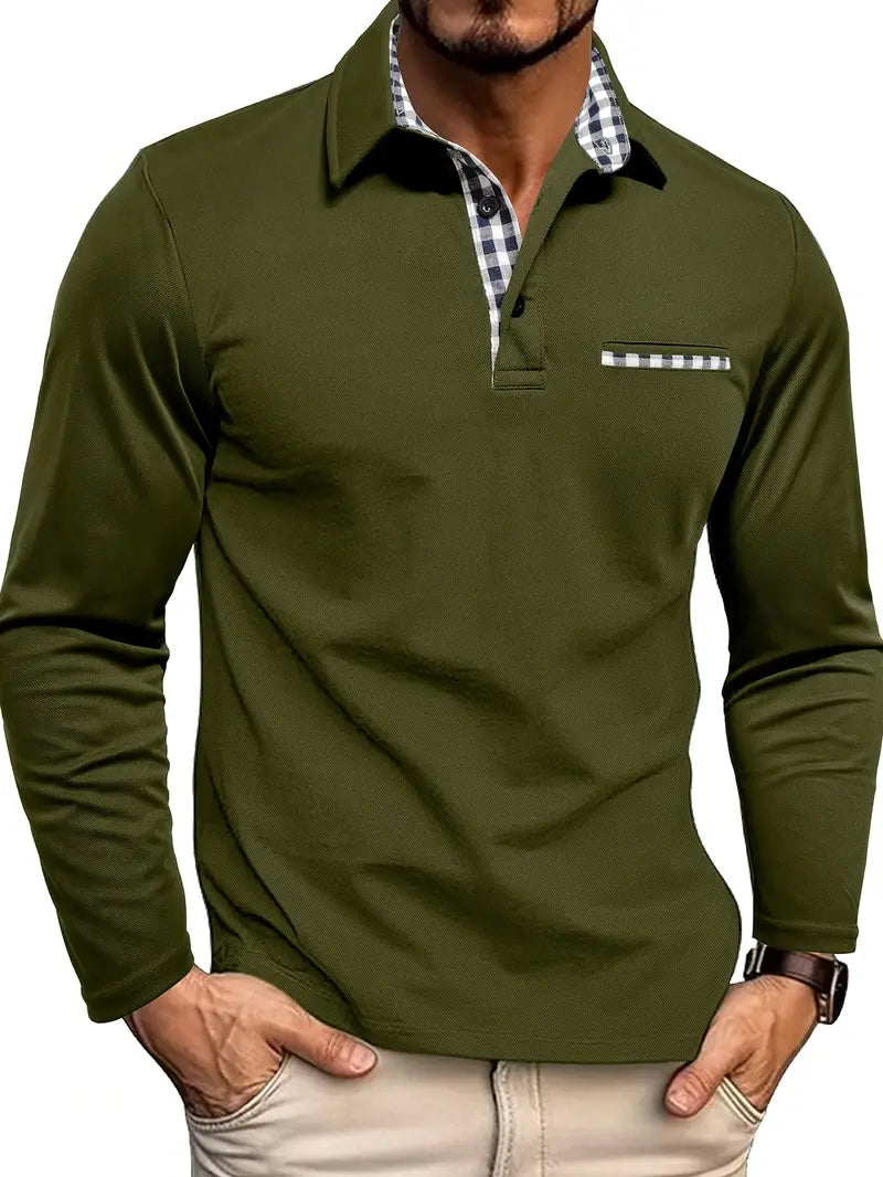 Men’s long-sleeved polo shirt with checked collar and pocket - J&B; - 3 - London-stylehouse.com