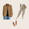 The Hampstead 3 piece set: khaki button-closure jacket, beige casual trousers and brown woven slip-on shoes
