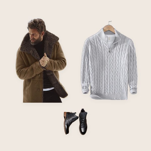 The Cannon 3 piece set: brown shearling-collar winter coat, grey cable-knit zip-collar jumper and black zip ankle boots