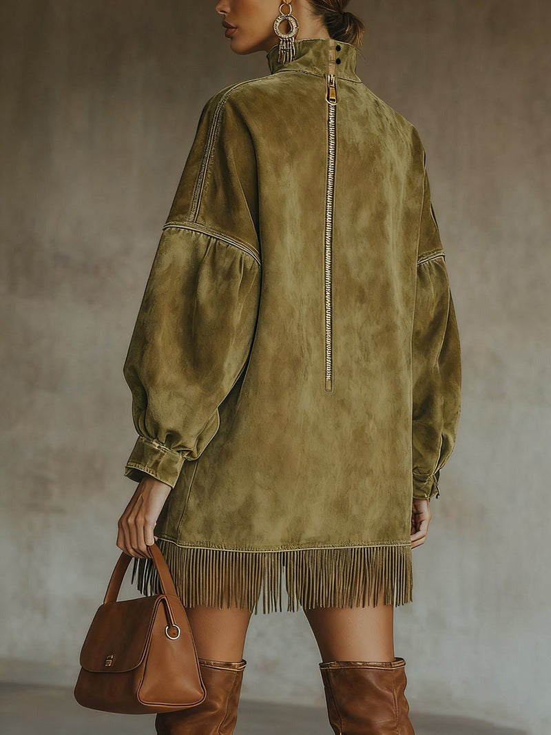 Freya – High-Neck Fringed Oversized Tunic Dress for Women