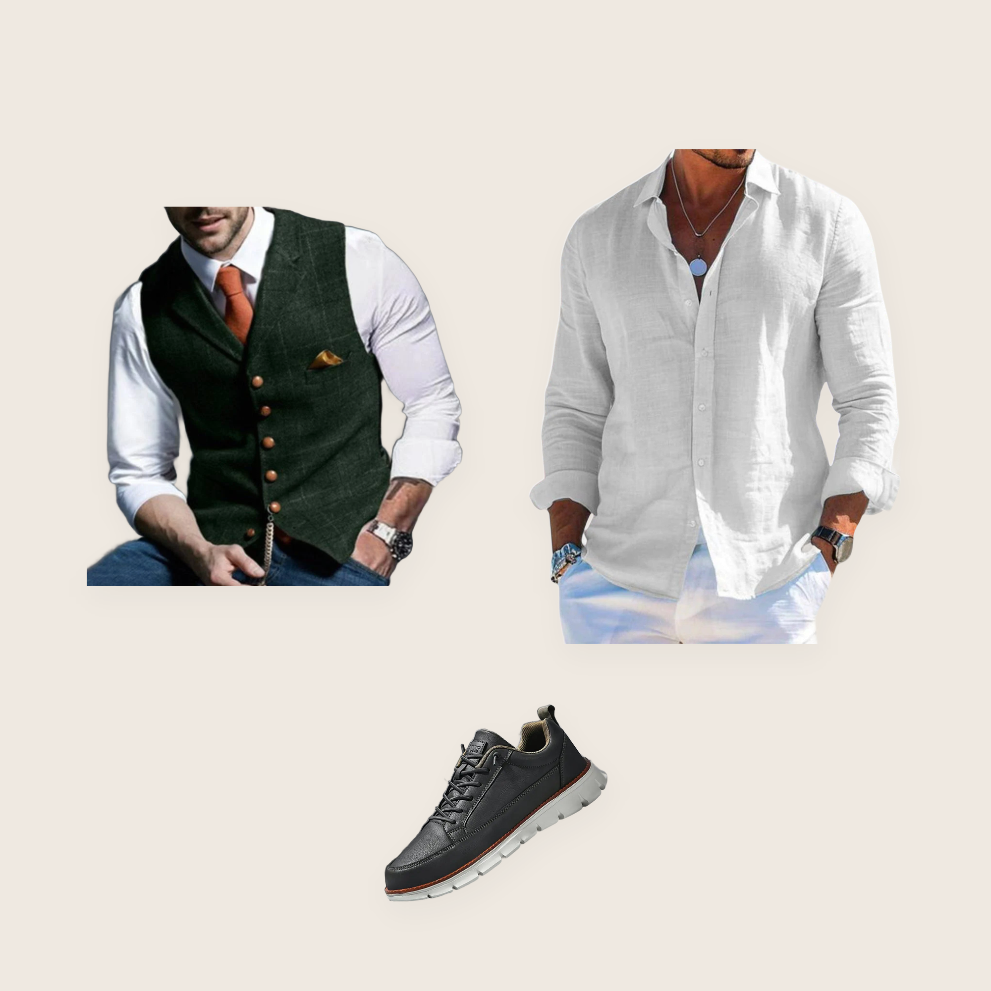 The Aldgate 3 piece set: dark green tailored waistcoat, white heritage shirt and charcoal leather shoes