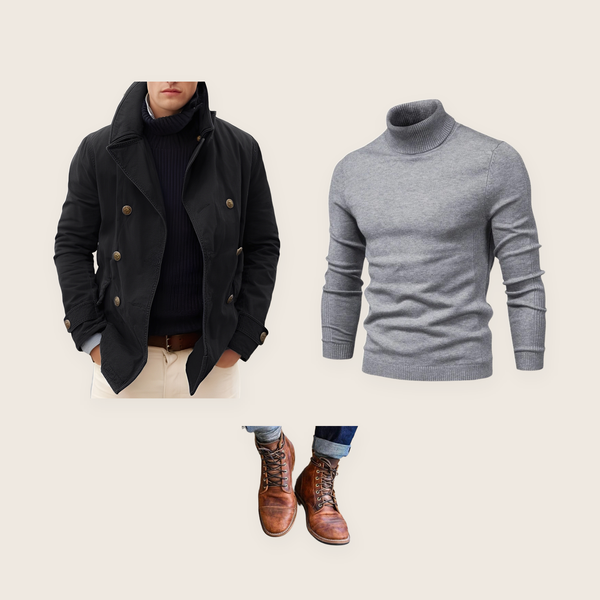 The Southwark 3 piece set: black double-breasted peacoat, grey turtleneck jumper and brown lace-up boots