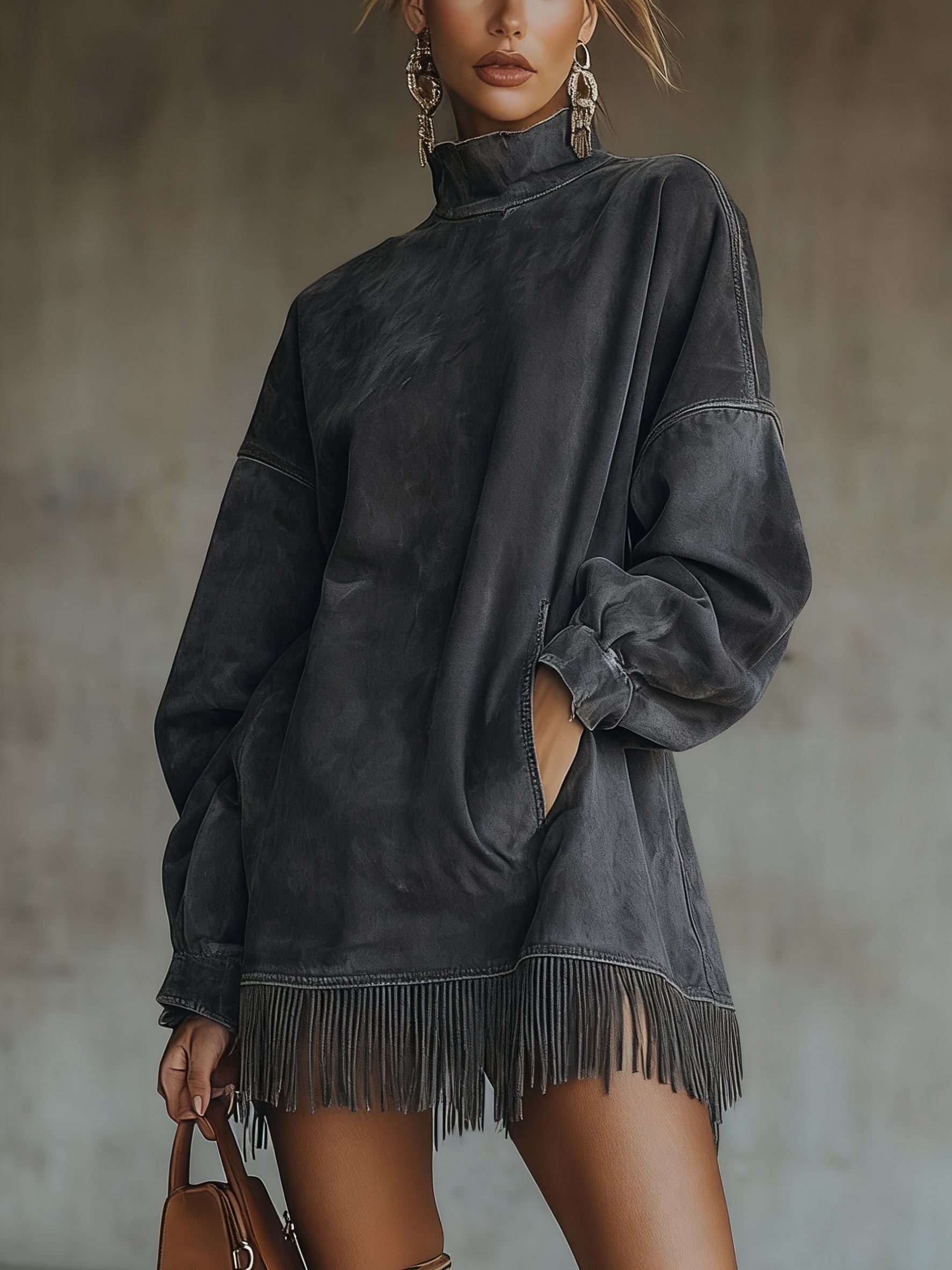 Freya – High-Neck Fringed Oversized Tunic Dress for Women
