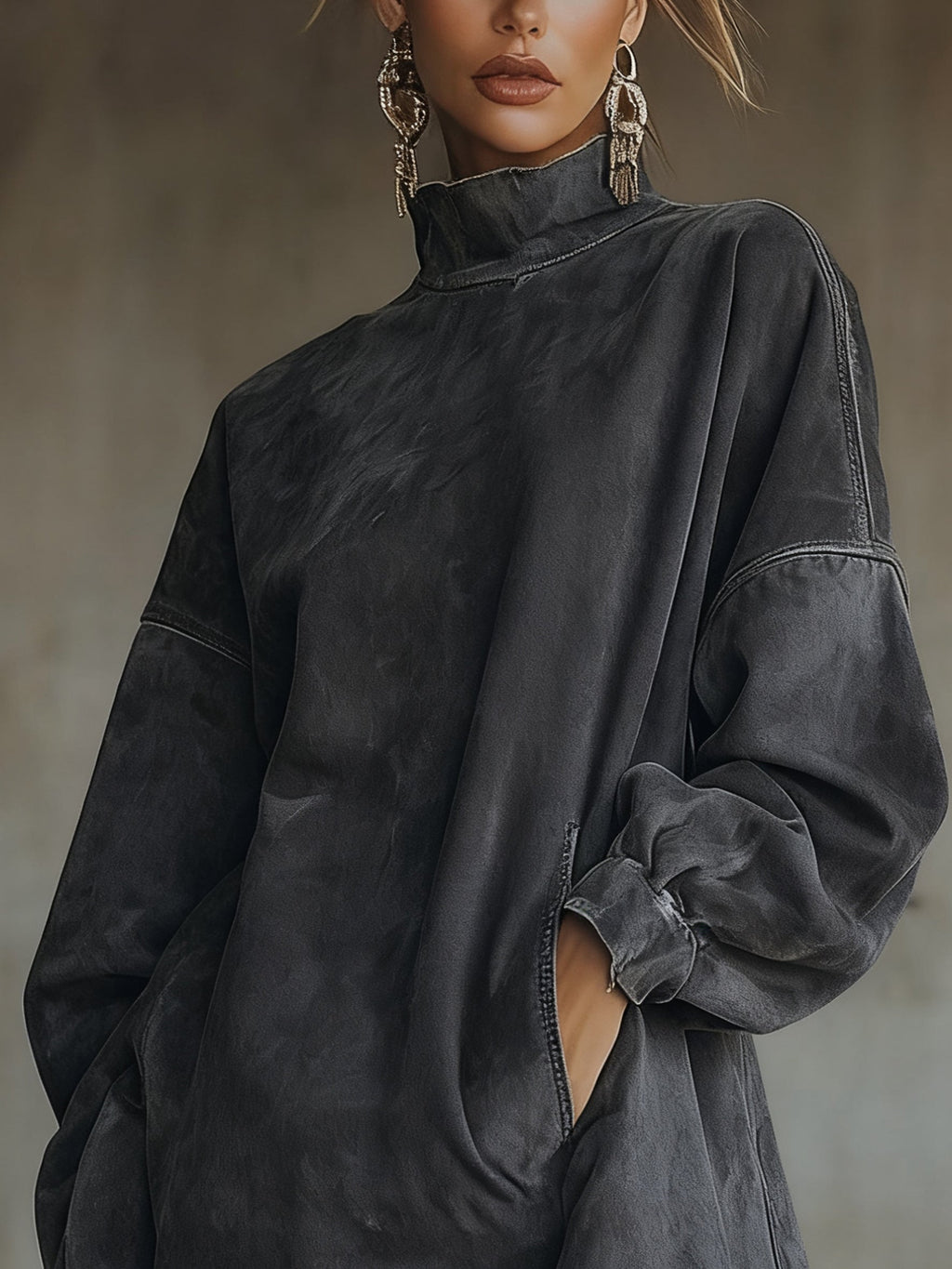Freya – High-Neck Fringed Oversized Tunic Dress for Women