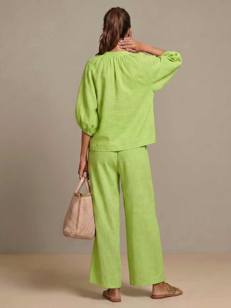 Two-piece set for women in a relaxed fit with puff sleeves and trousers - J&B; - 10 - London-stylehouse.com