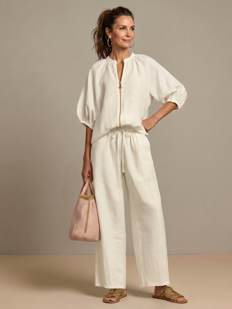 Two-piece set for women in a relaxed fit with puff sleeves and trousers - J&B; - 13 - London-stylehouse.com