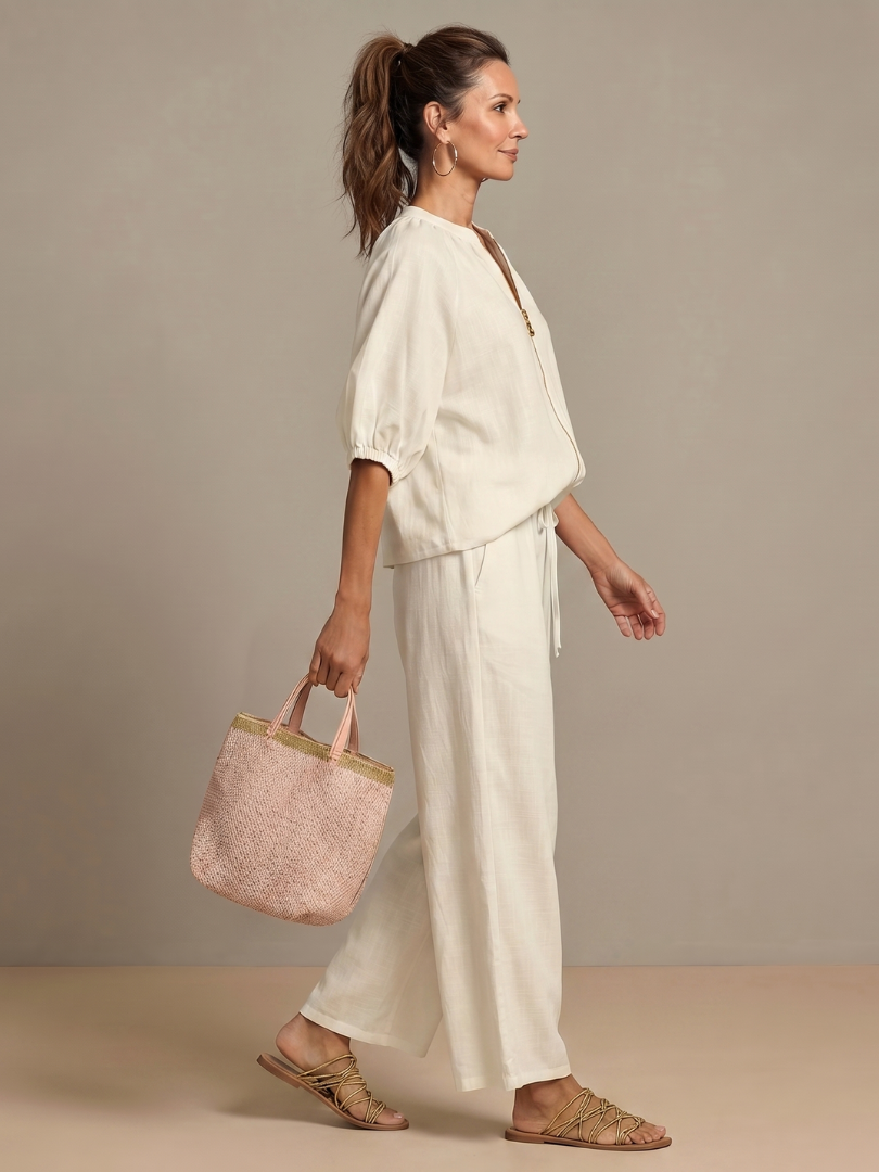 Two-piece set for women in a relaxed fit with puff sleeves and trousers - J&B; - 14 - London-stylehouse.com