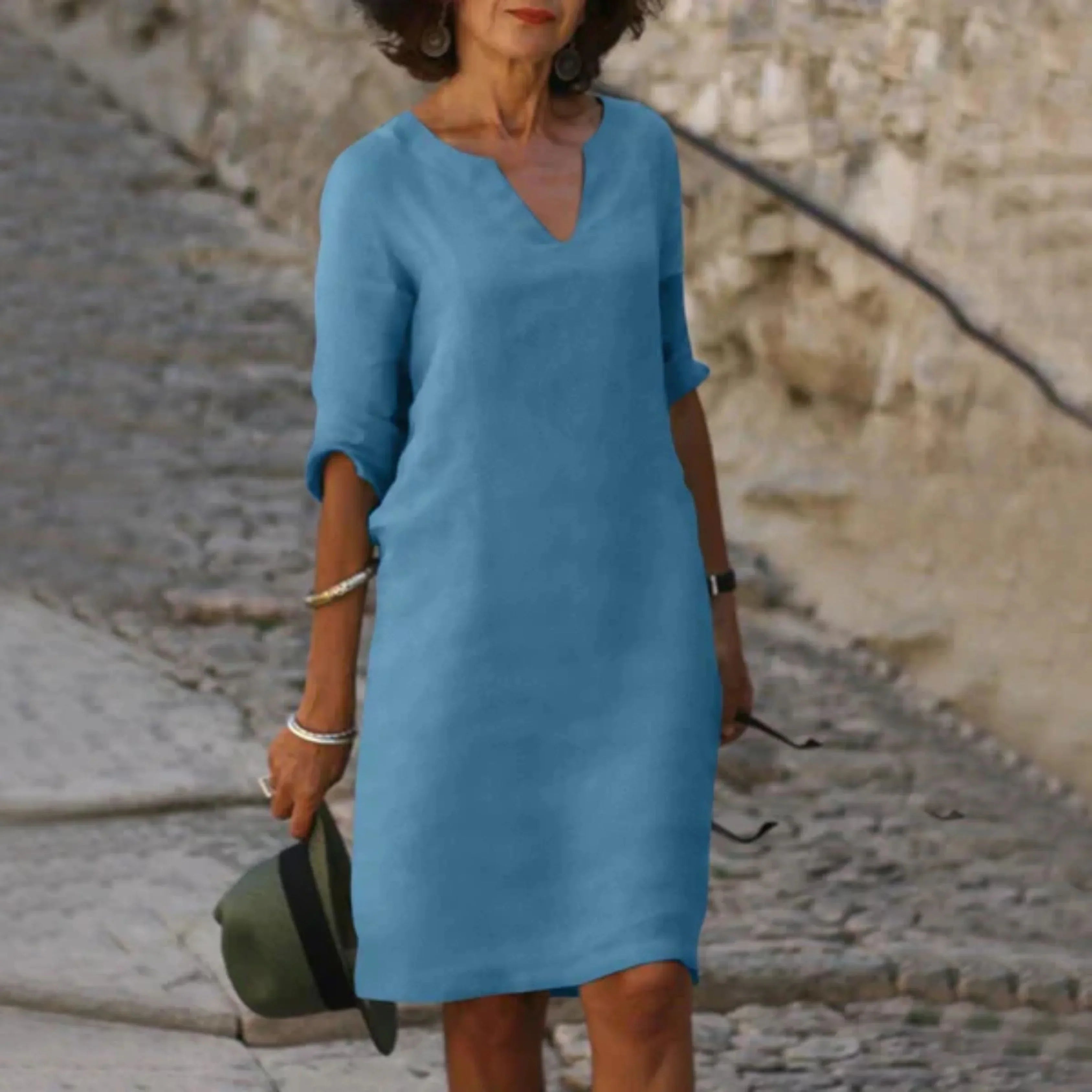 Elena – Women's Dress V-Neck, Three-Quarter Sleeves