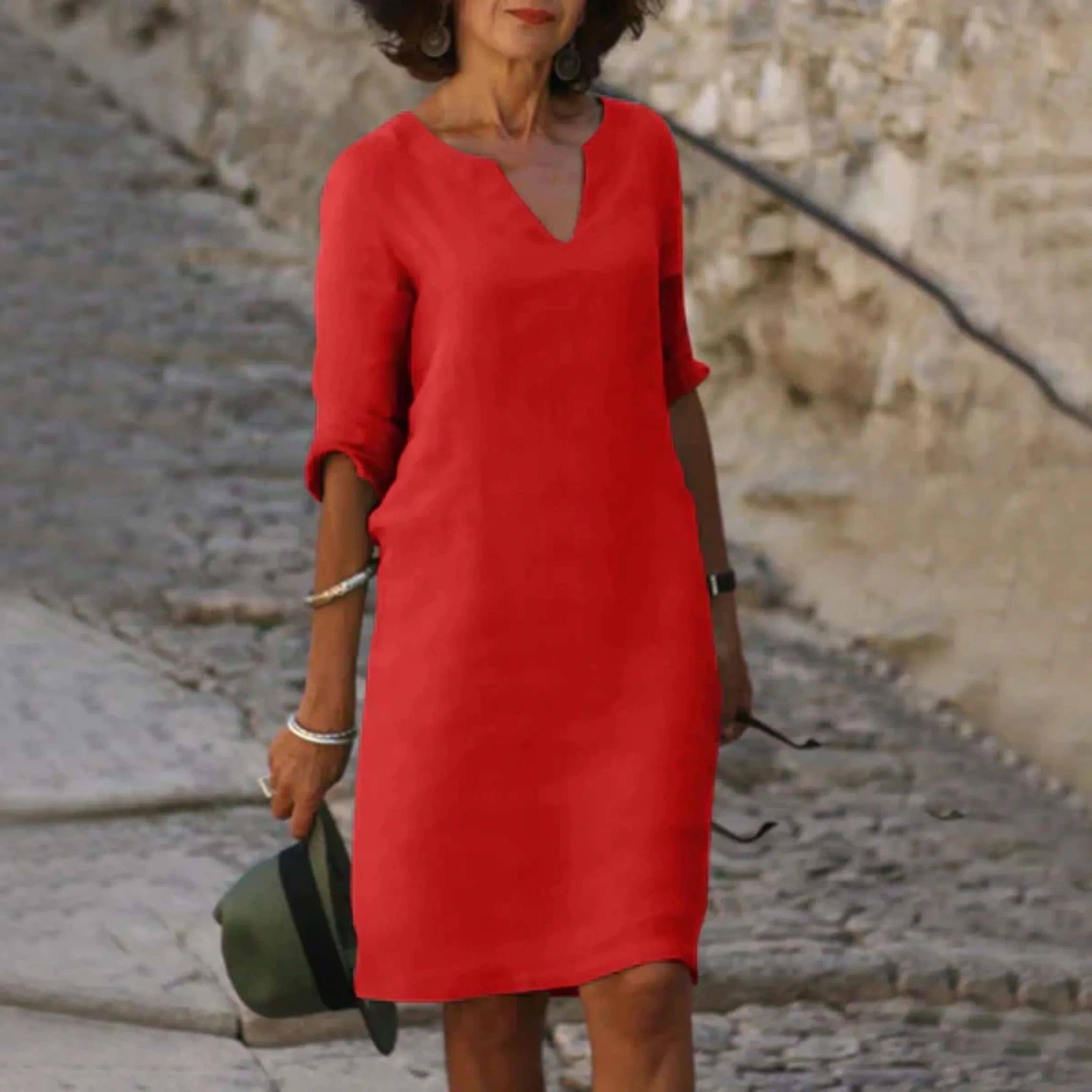 Elena – Women's Dress V-Neck, Three-Quarter Sleeves