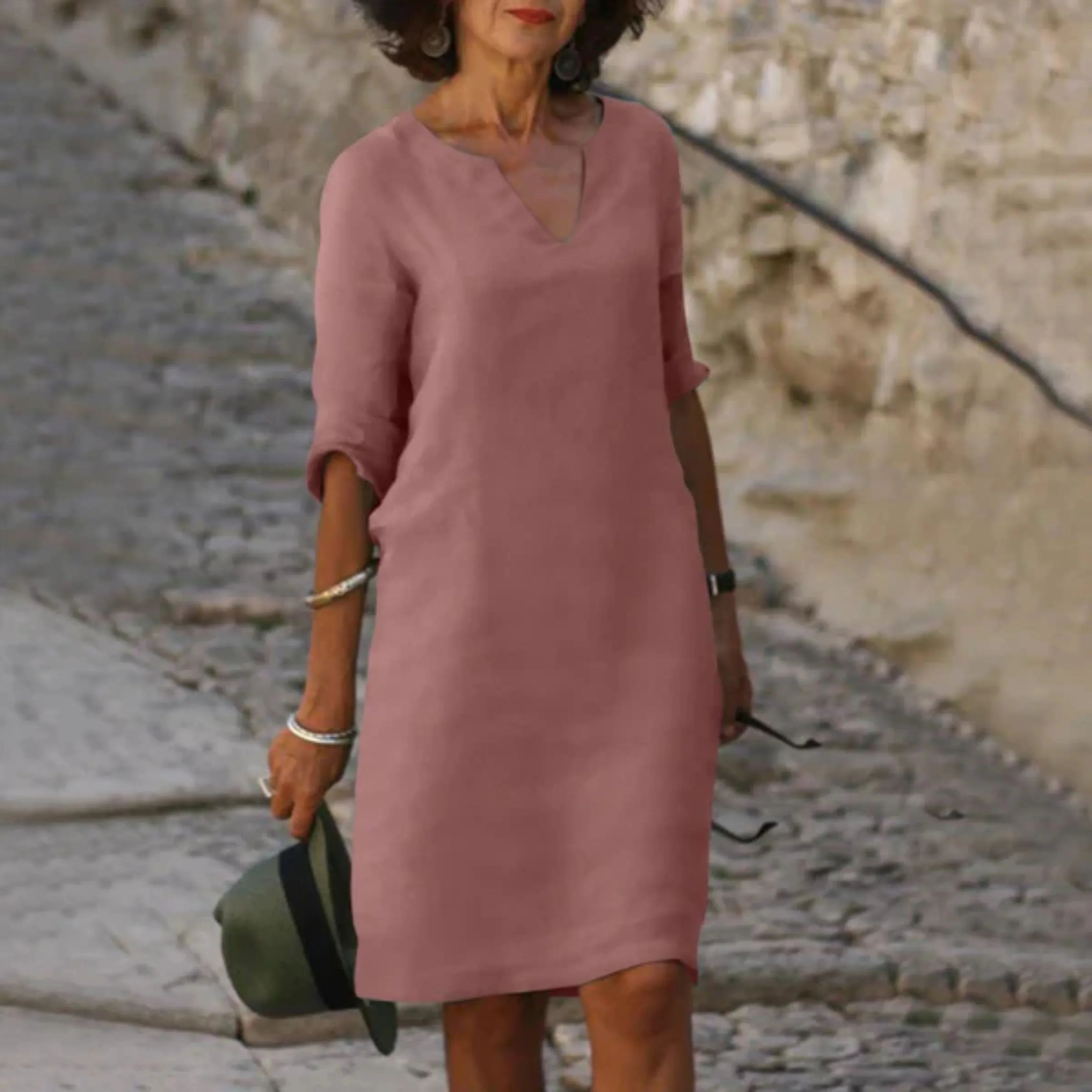 Elena – Women's Dress V-Neck, Three-Quarter Sleeves