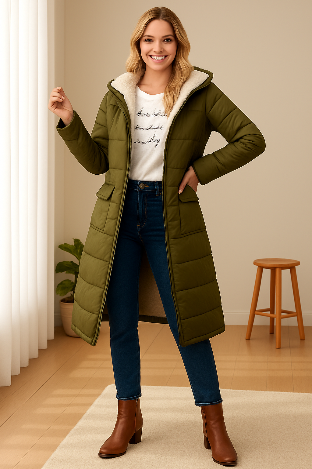 Long women's puffer jacket with hood and cosy fleece lining | L&S - 1 - London-stylehouse.com