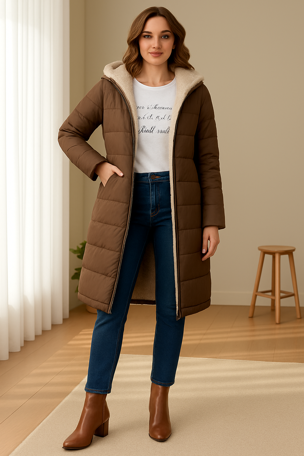 Long women's puffer jacket with hood and cosy fleece lining | L&S - 2 - London-stylehouse.com