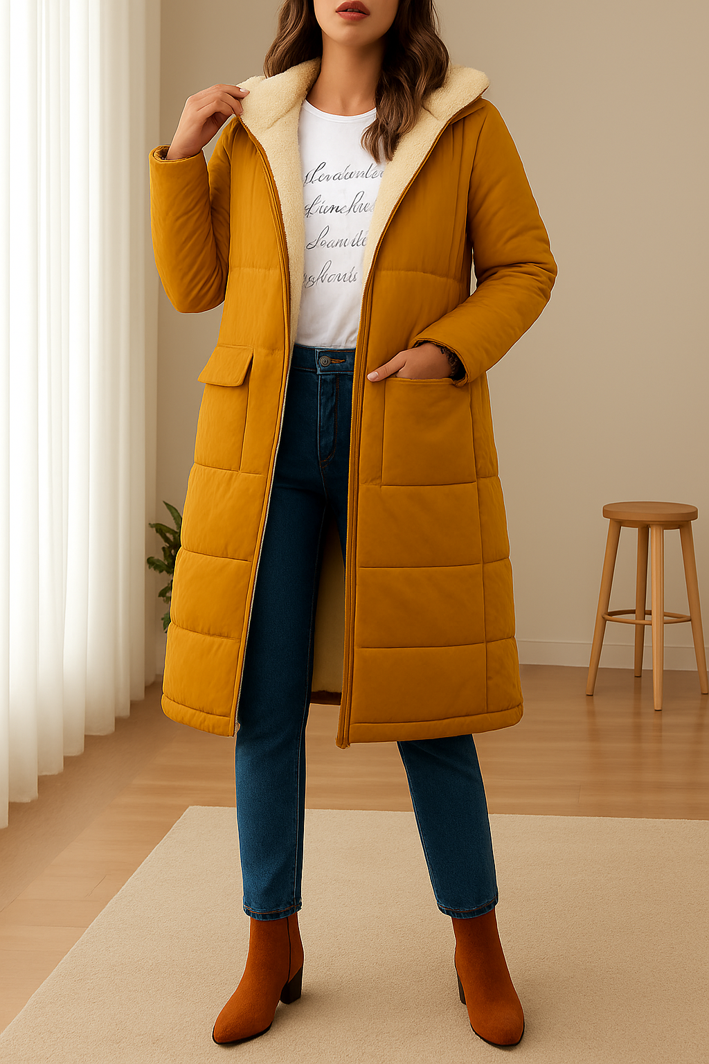 Long women's puffer jacket with hood and cosy fleece lining | L&S - 3 - London-stylehouse.com