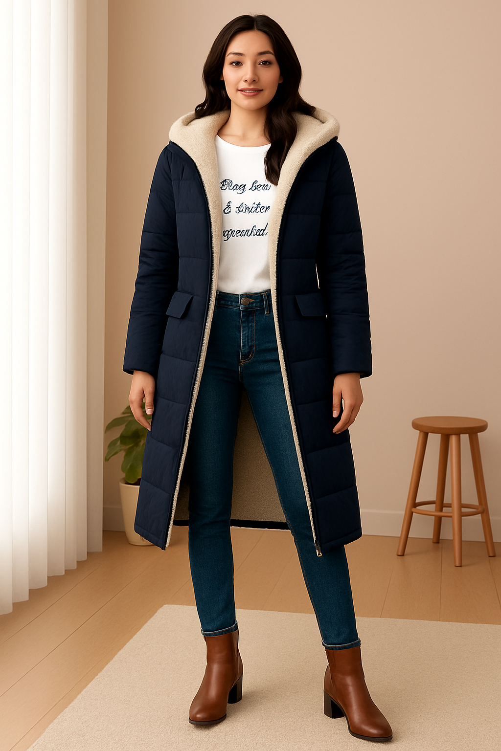 Long women's puffer jacket with hood and cosy fleece lining | L&S - 4 - London-stylehouse.com