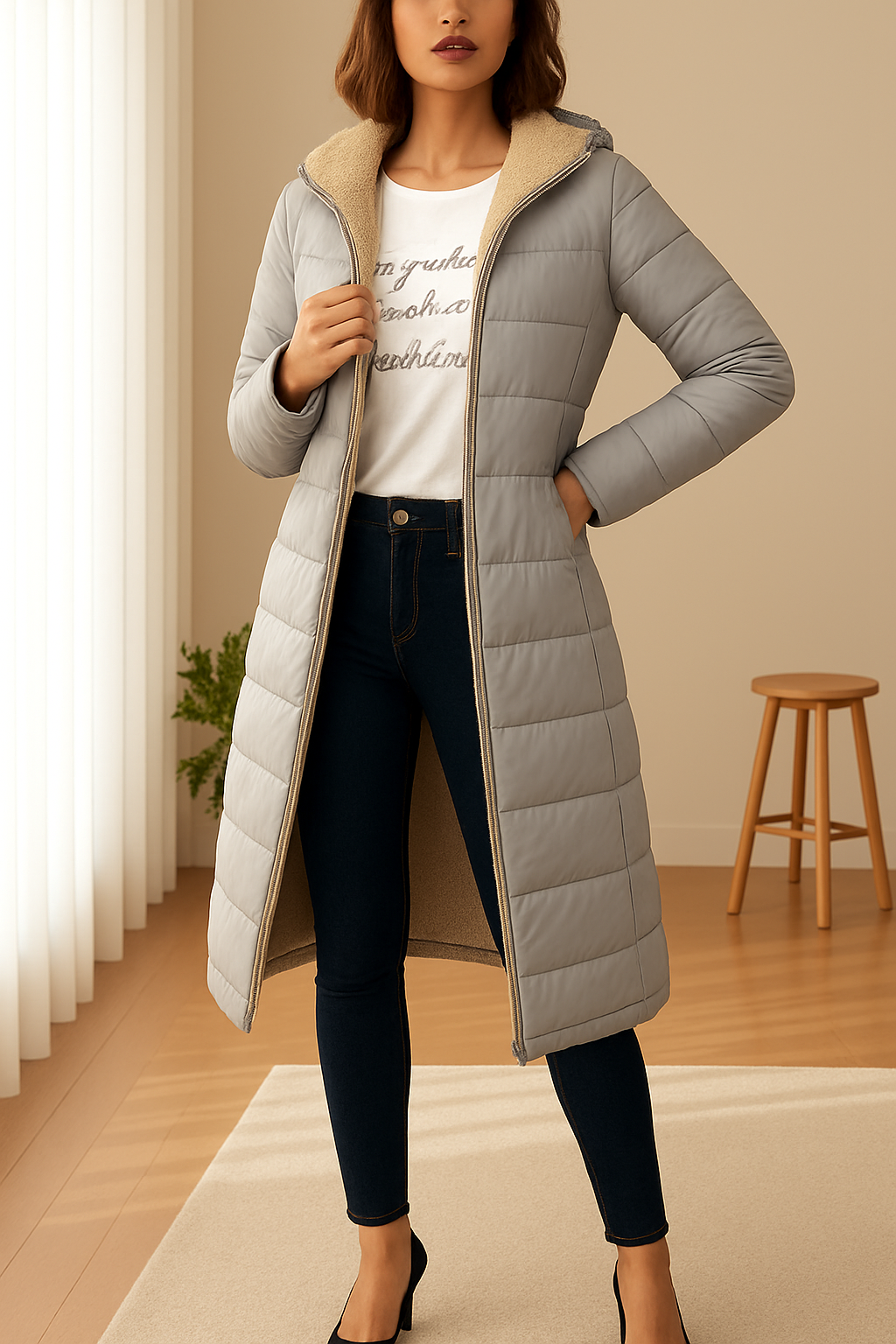 Long women's puffer jacket with hood and cosy fleece lining | L&S - 5 - London-stylehouse.com