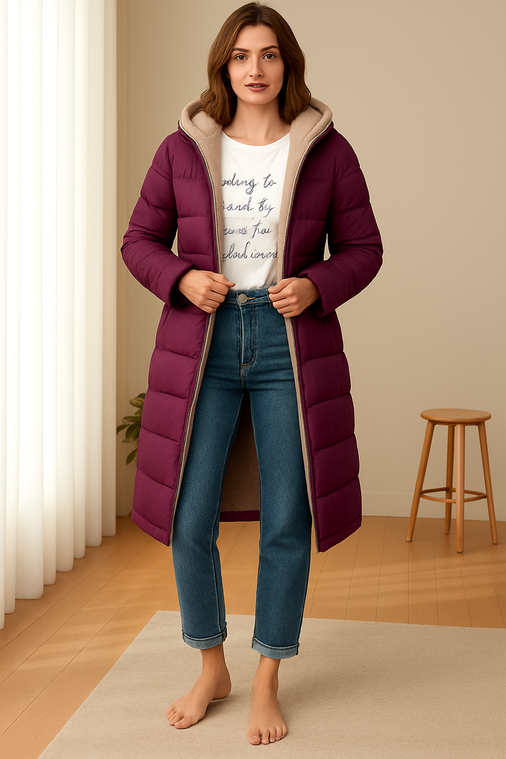 Long women's puffer jacket with hood and cosy fleece lining | L&S - 6 - London-stylehouse.com