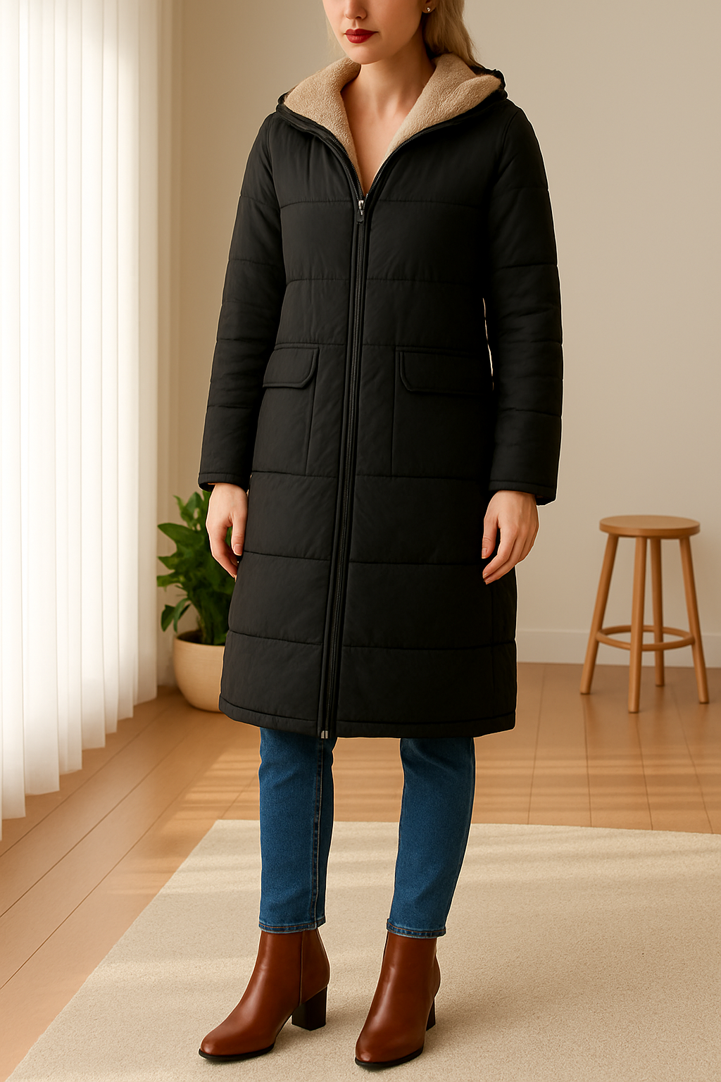 Long women's puffer jacket with hood and cosy fleece lining | L&S - 7 - London-stylehouse.com