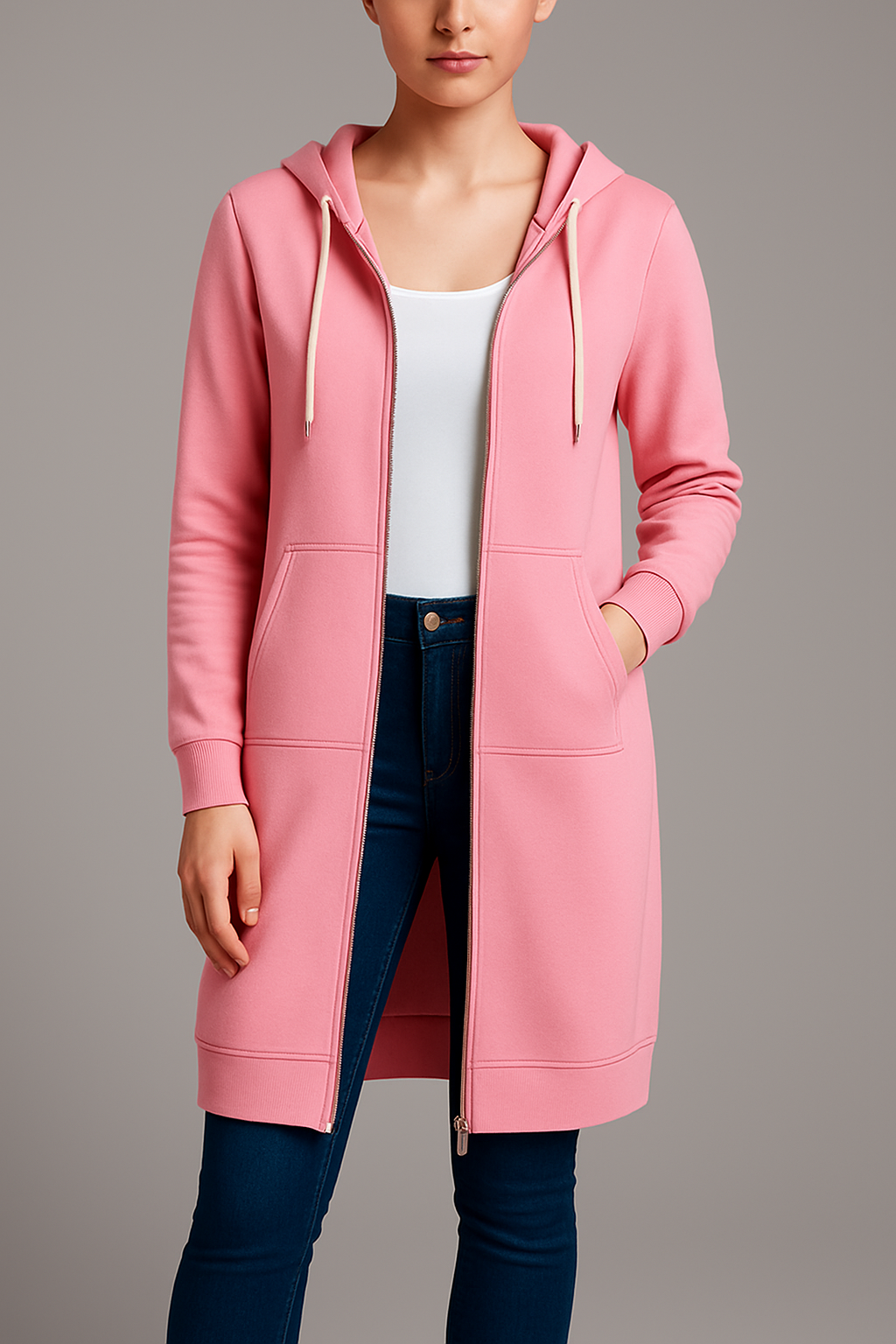 Women's longline hooded jacket with zip and pockets | L&S - 1 - London-stylehouse.com