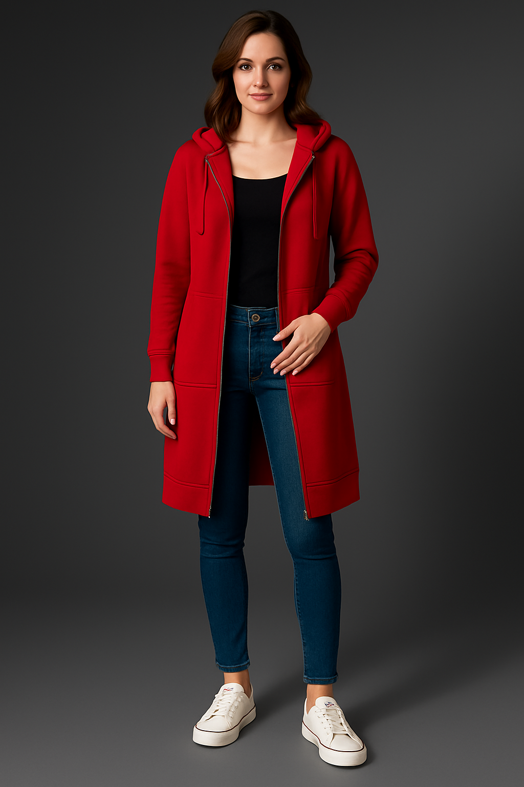 Women's longline hooded jacket with zip and pockets | L&S - 2 - London-stylehouse.com
