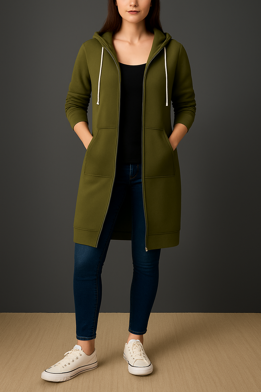 Women's longline hooded jacket with zip and pockets | L&S - 3 - London-stylehouse.com