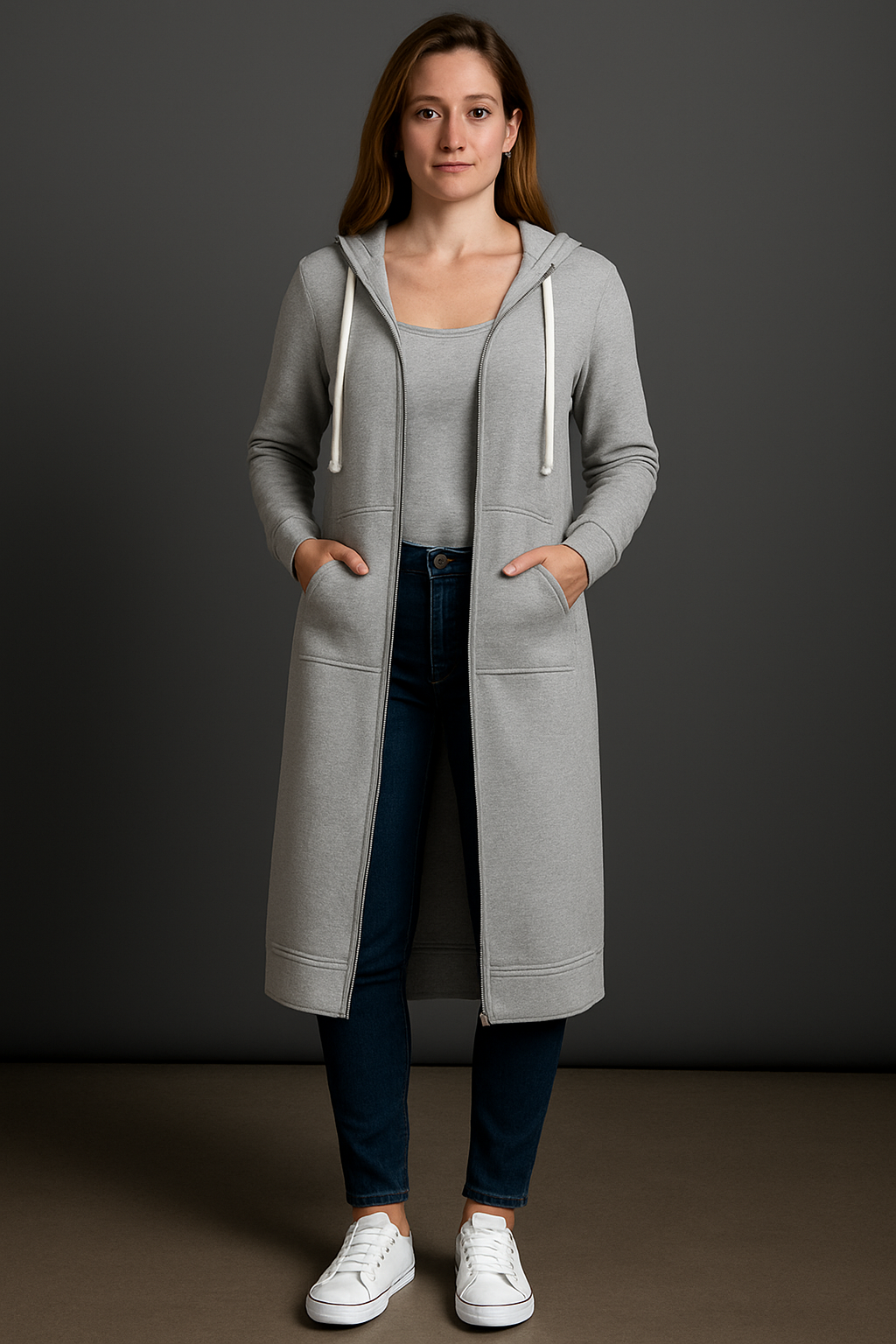 Women's longline hooded jacket with zip and pockets | L&S - 4 - London-stylehouse.com