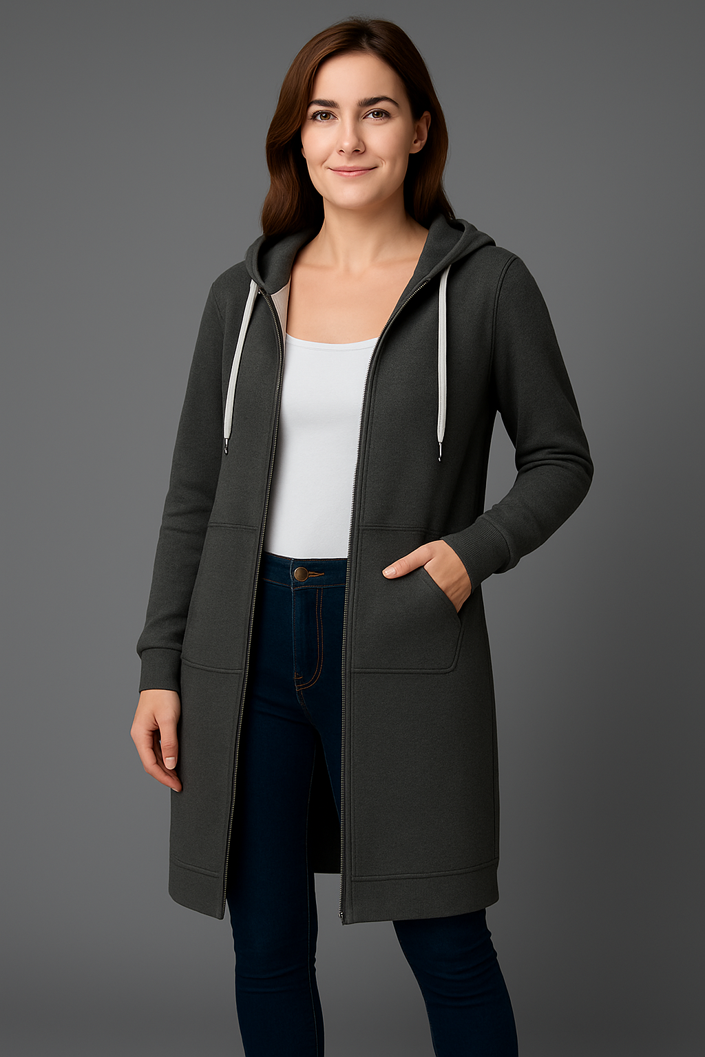 Women's longline hooded jacket with zip and pockets | L&S - 6 - London-stylehouse.com