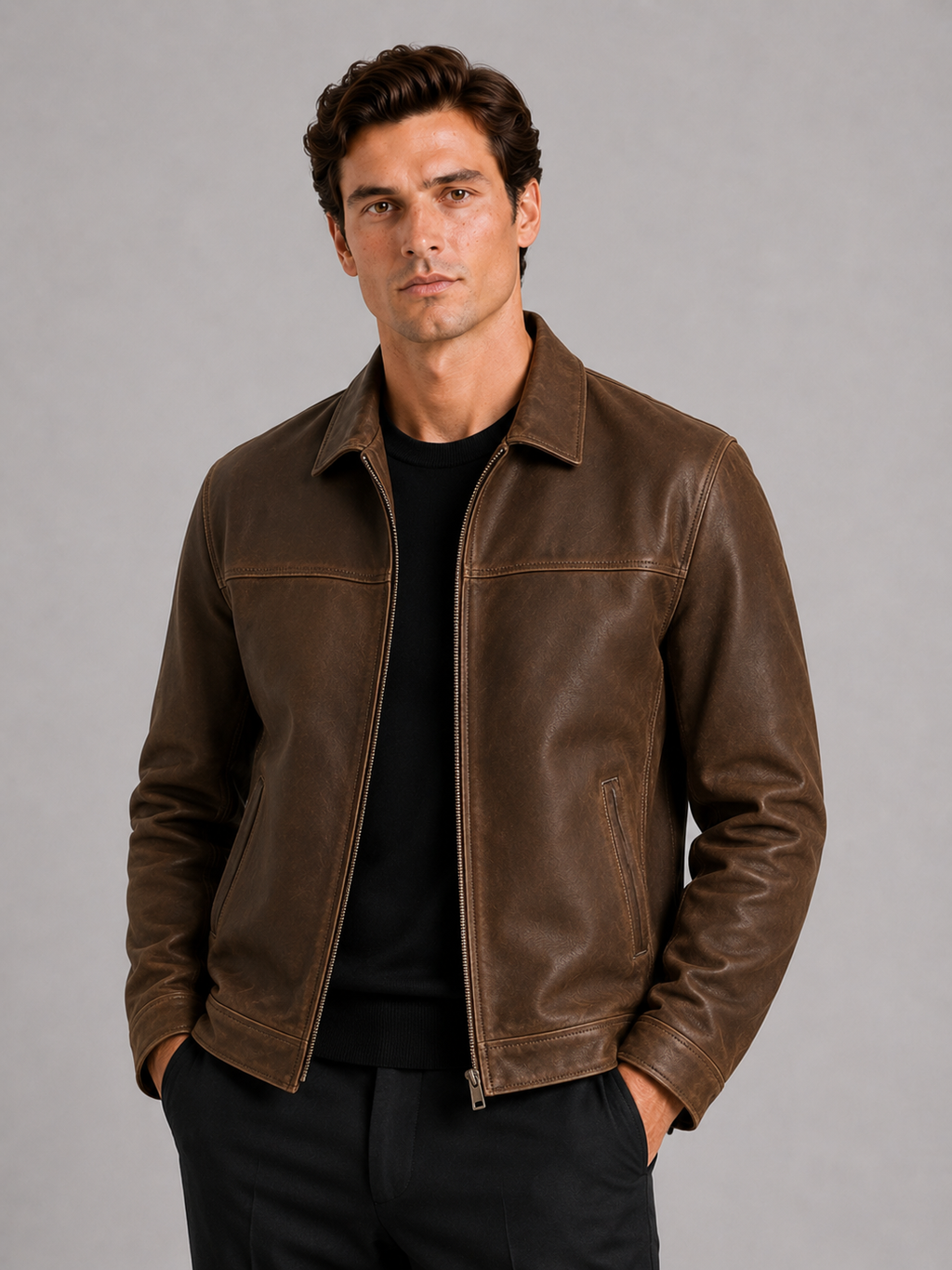 Men’s leather jacket with a classic cut and elegant zip fastening - J&B; - 1 - London-stylehouse.com