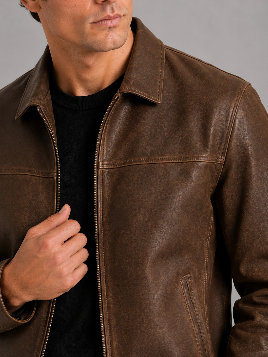 Men’s leather jacket with a classic cut and elegant zip fastening - J&B; - 3 - London-stylehouse.com