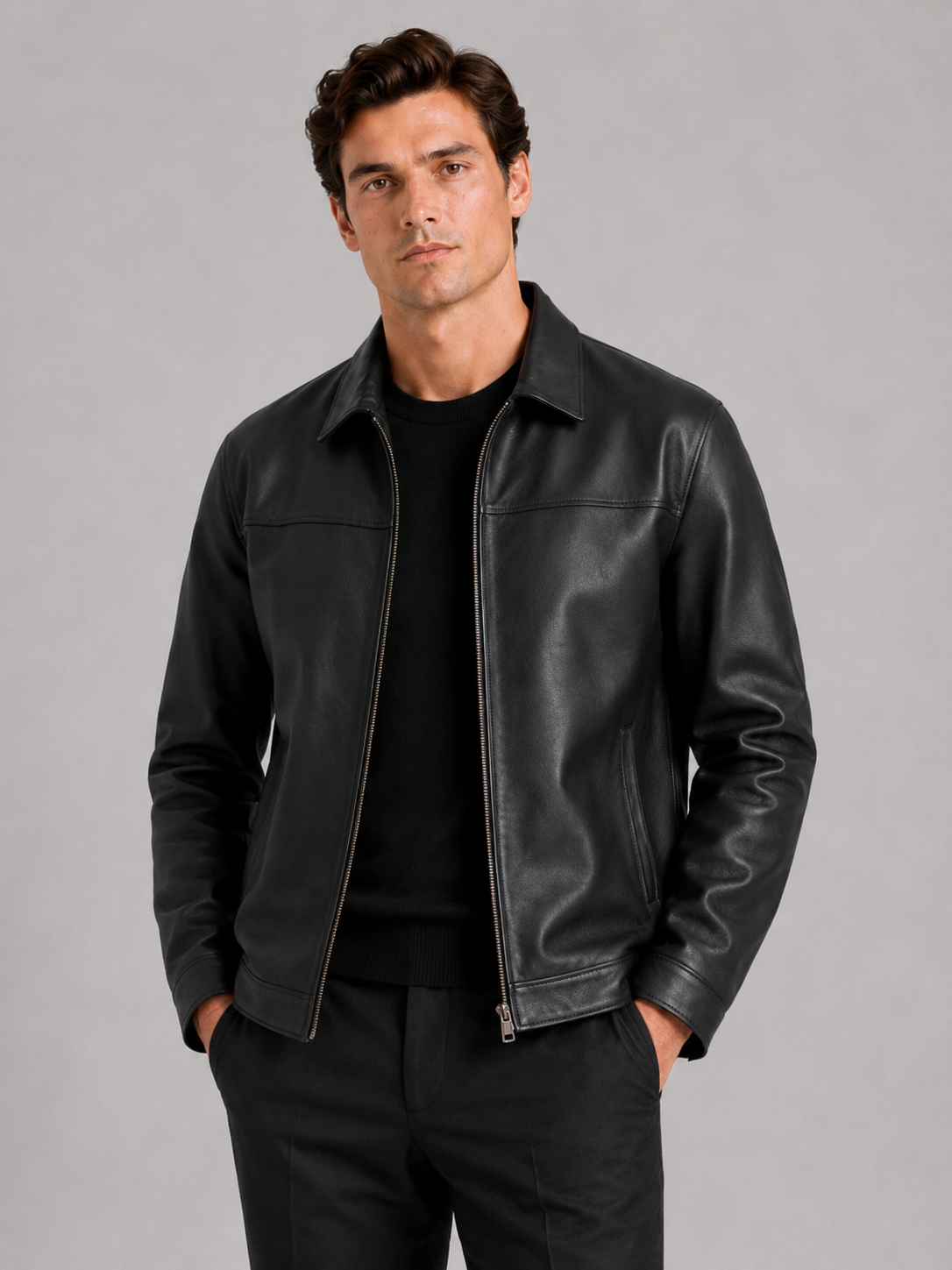 Men’s leather jacket with a classic cut and elegant zip fastening - J&B; - 7 - London-stylehouse.com