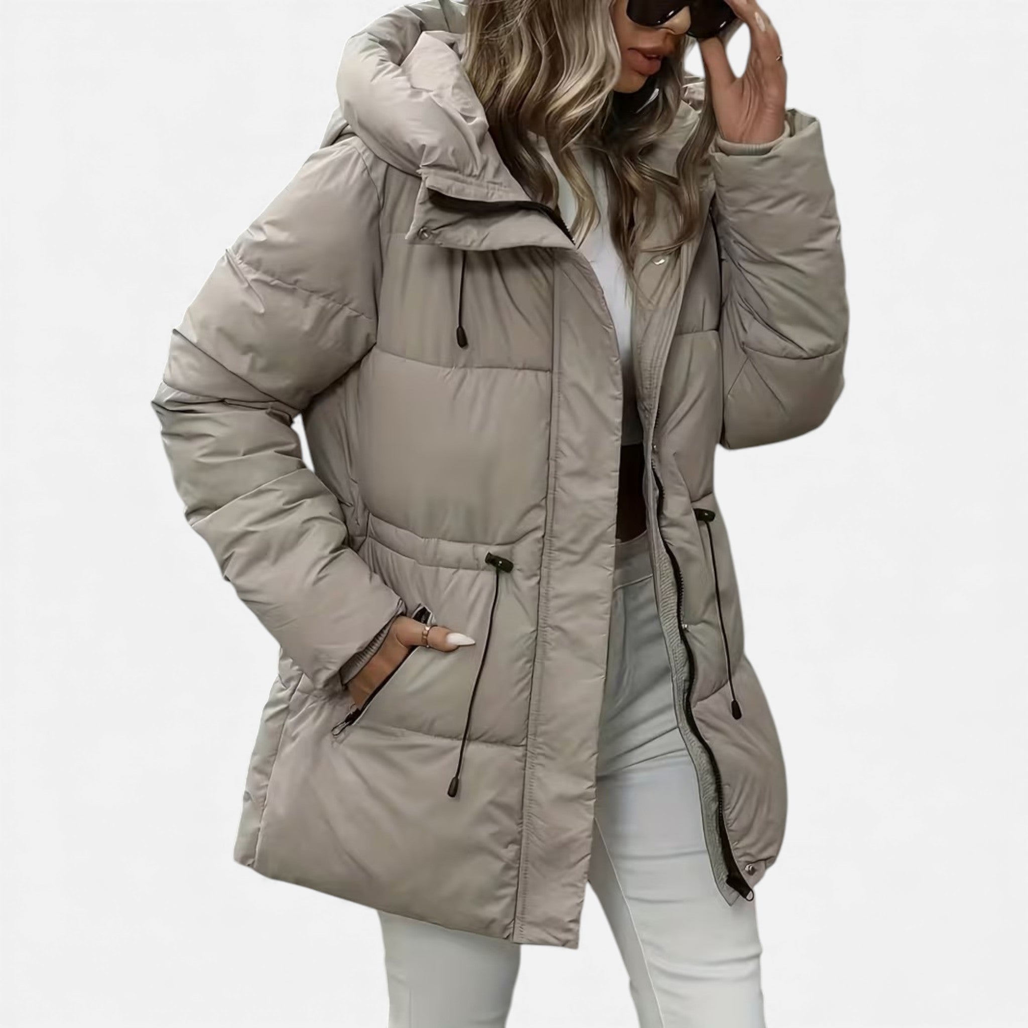 Women’s long down jacket with hood and adjustable drawstring - J&B; - 1 - London-stylehouse.com