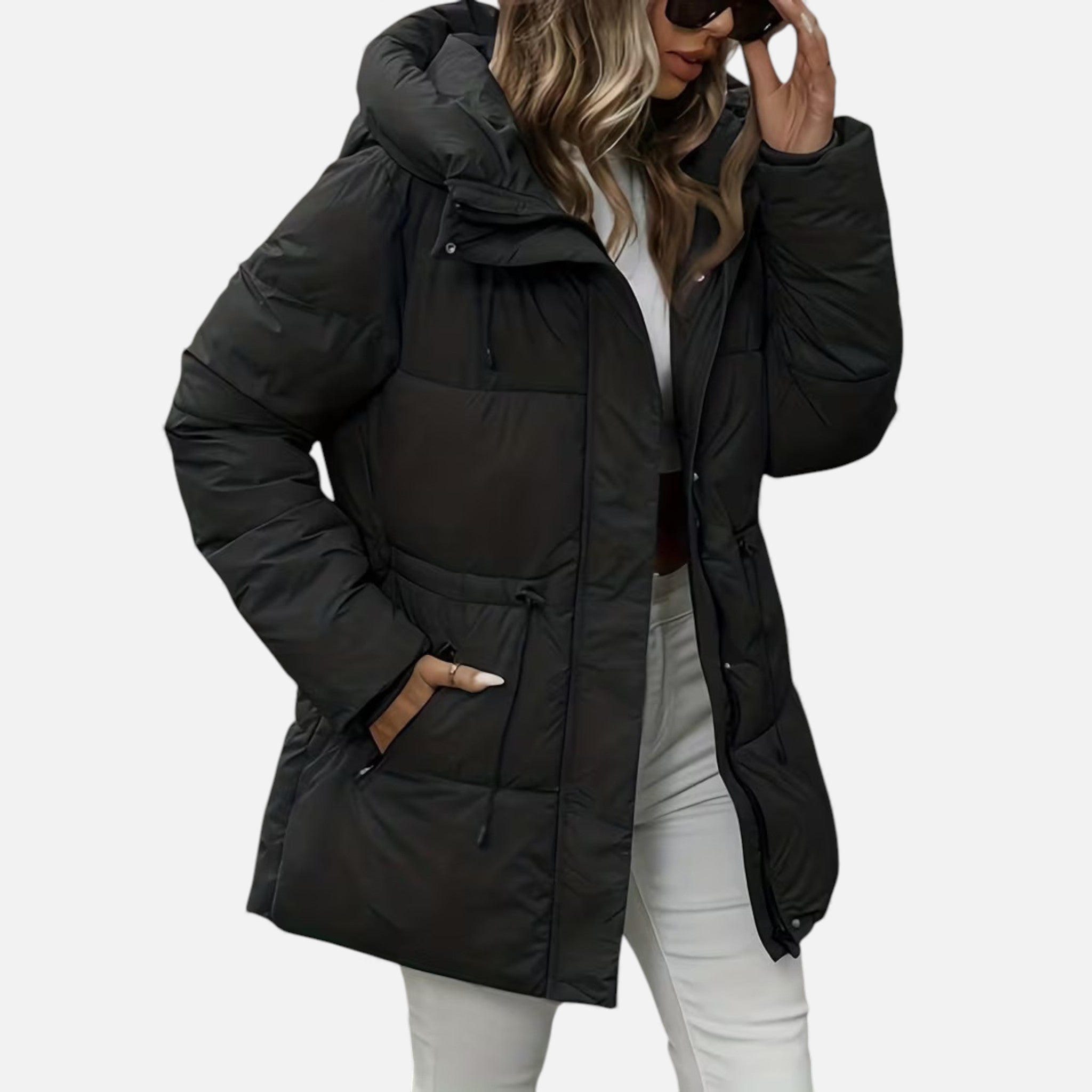 Women’s long down jacket with hood and adjustable drawstring - J&B; - 2 - London-stylehouse.com
