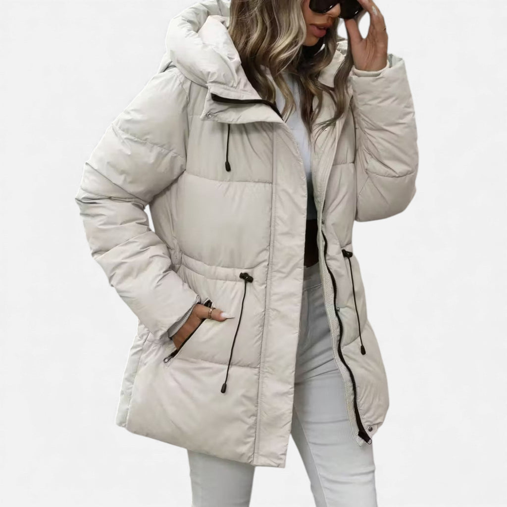 Women’s long down jacket with hood and adjustable drawstring - J&B; - 4 - London-stylehouse.com