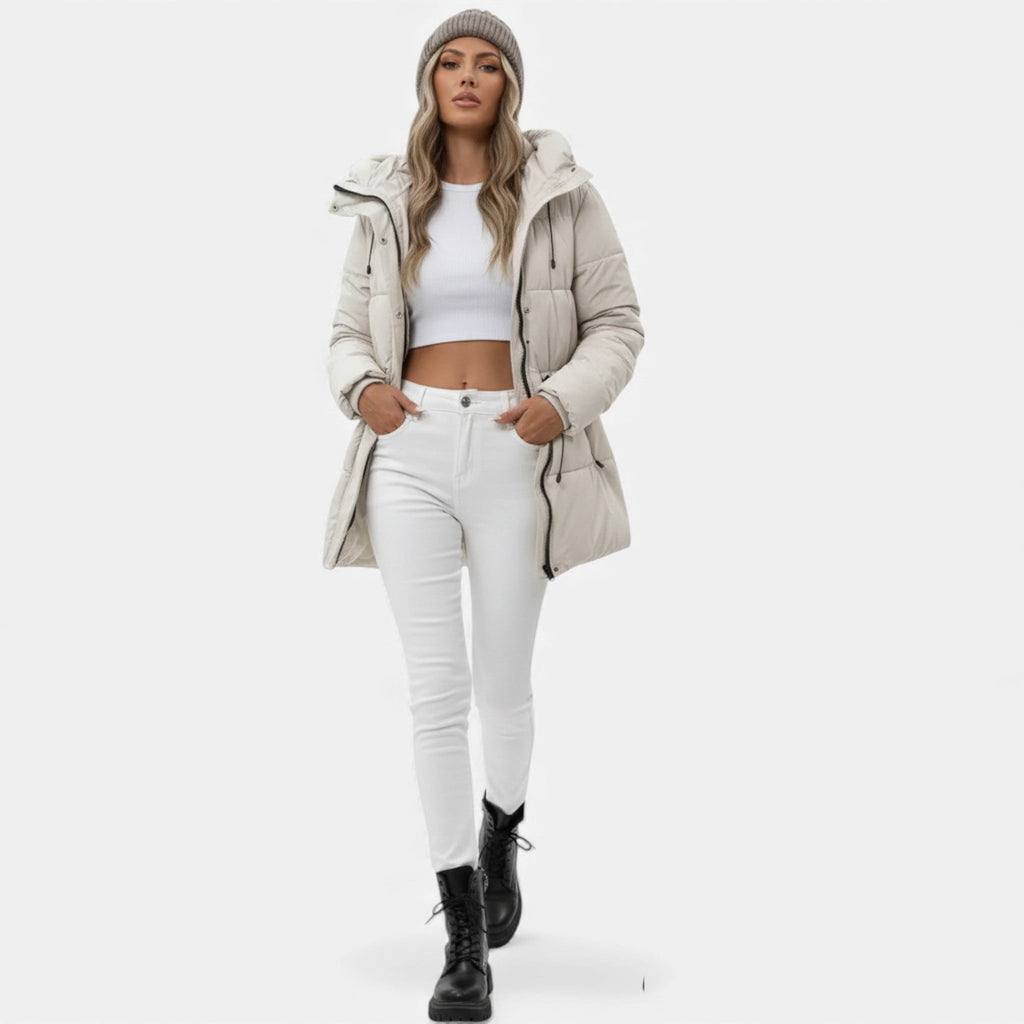 Women’s long down jacket with hood and adjustable drawstring - J&B; - 5 - London-stylehouse.com