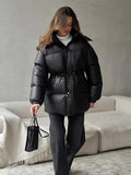 Women’s down jacket with drawstring and longline silhouette - J&B; - 1 - London-stylehouse.com