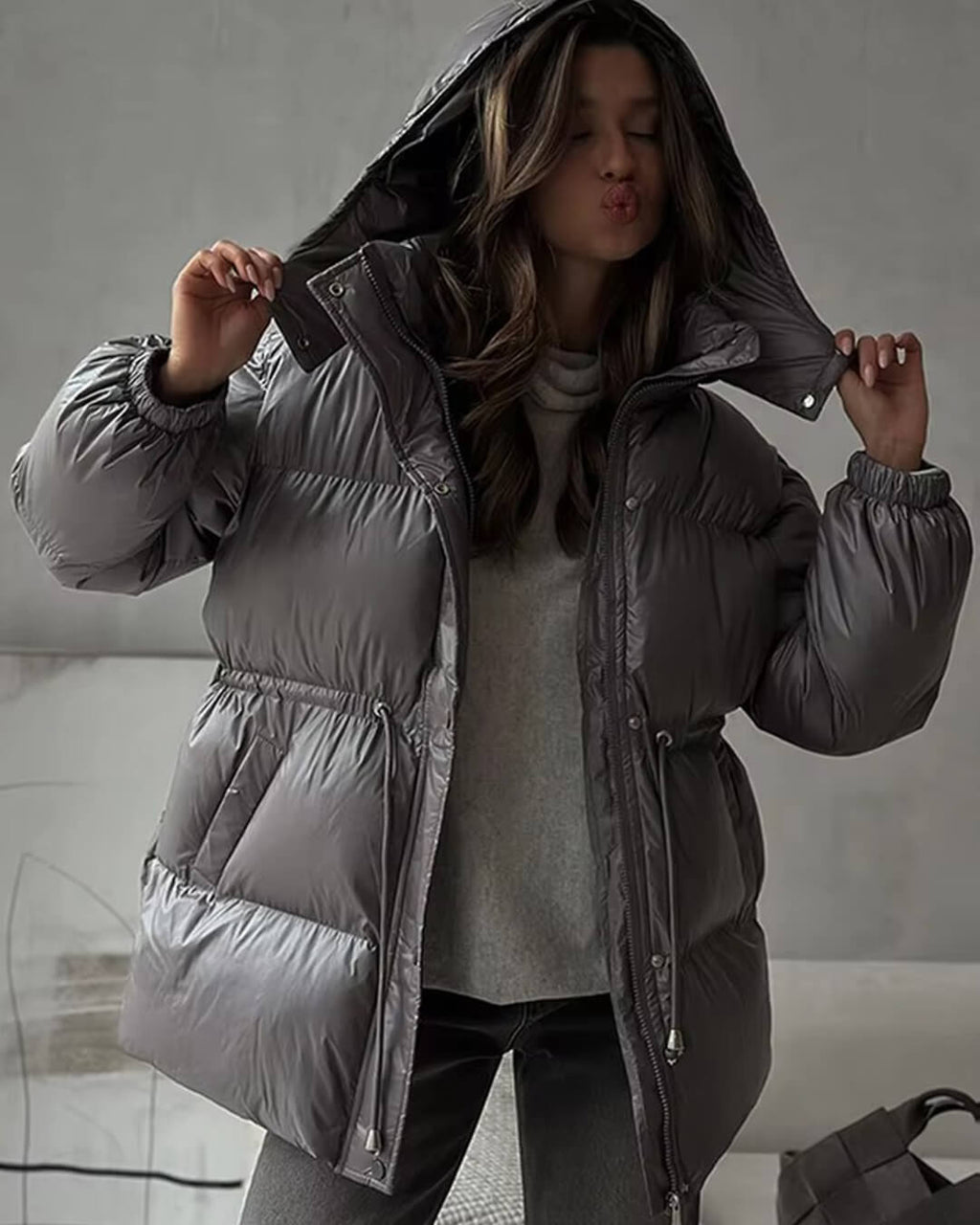 Women’s down jacket with drawstring and longline silhouette - J&B; - 6 - London-stylehouse.com