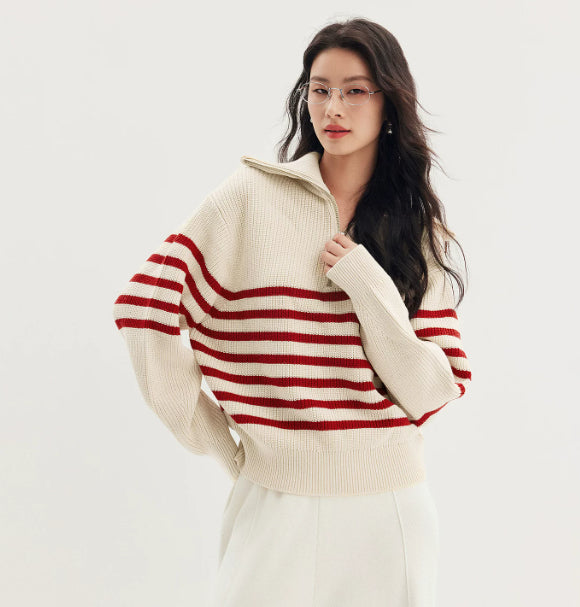 Women’s loose-fit striped jumper with zip - J&B; - 1 - London-stylehouse.com