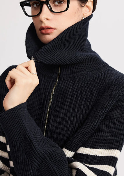 Women’s loose-fit striped jumper with zip - J&B; - 3 - London-stylehouse.com