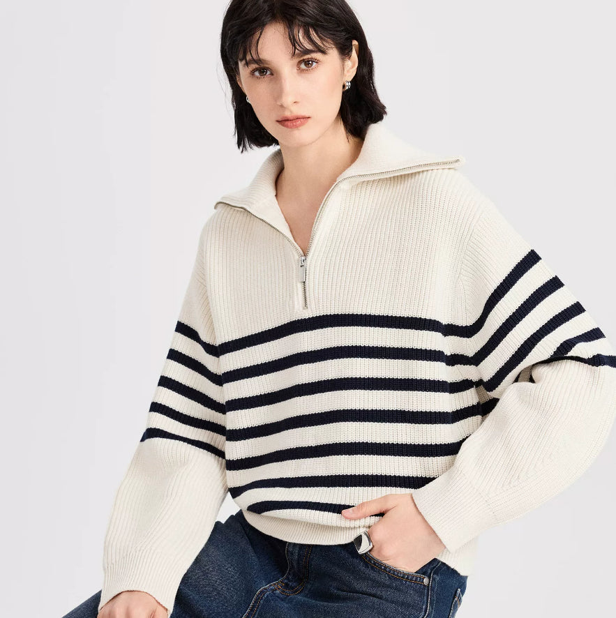 Women’s loose-fit striped jumper with zip - J&B; - 4 - London-stylehouse.com