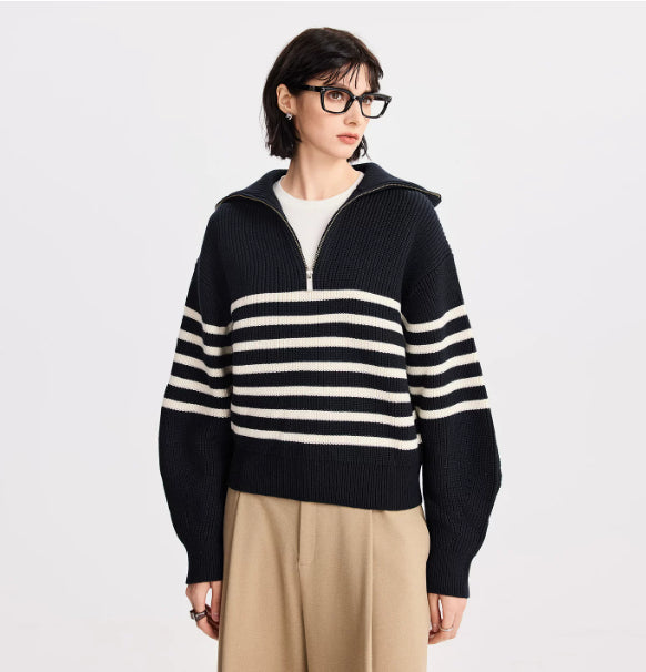 Women’s loose-fit striped jumper with zip - J&B; - 5 - London-stylehouse.com