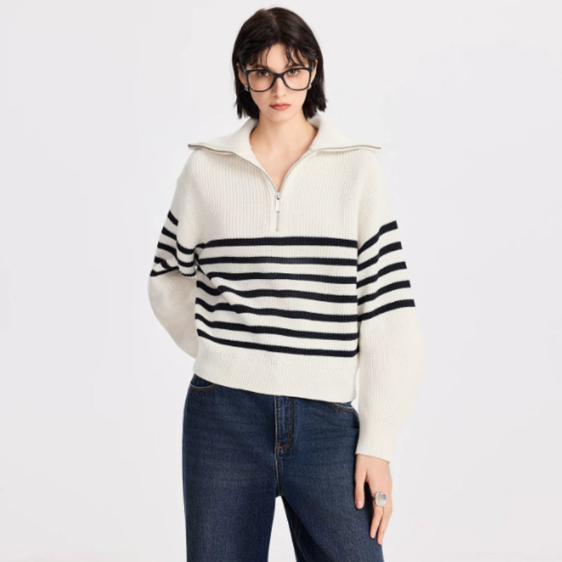 Women’s loose-fit striped jumper with zip - J&B; - 6 - London-stylehouse.com