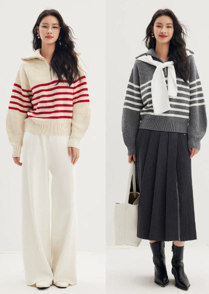 Women’s loose-fit striped jumper with zip - J&B; - 7 - London-stylehouse.com