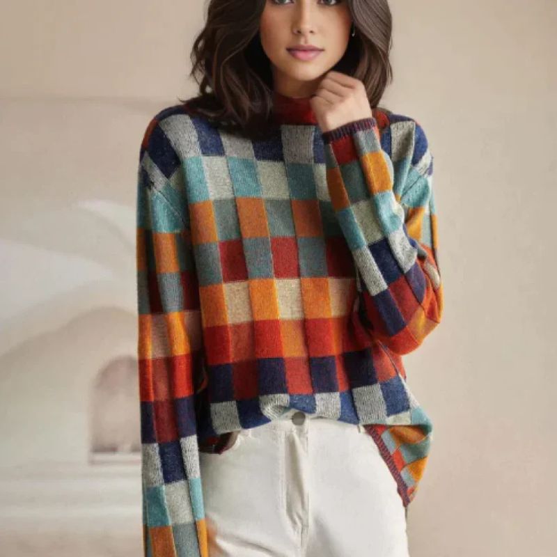 Stylish women's checked knitwear with roll neck - J&B - 2 - London-stylehouse.com