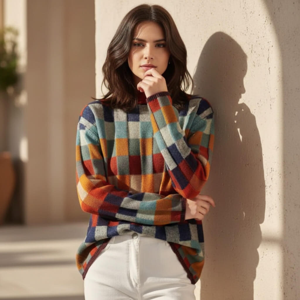 Stylish women's checked knitwear with roll neck - J&B - 3 - London-stylehouse.com