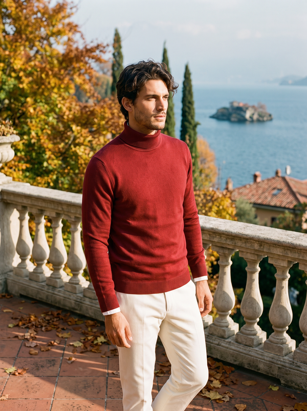 Classic-fit burgundy roll-neck jumper for men - J&B - 1 - London-stylehouse.com