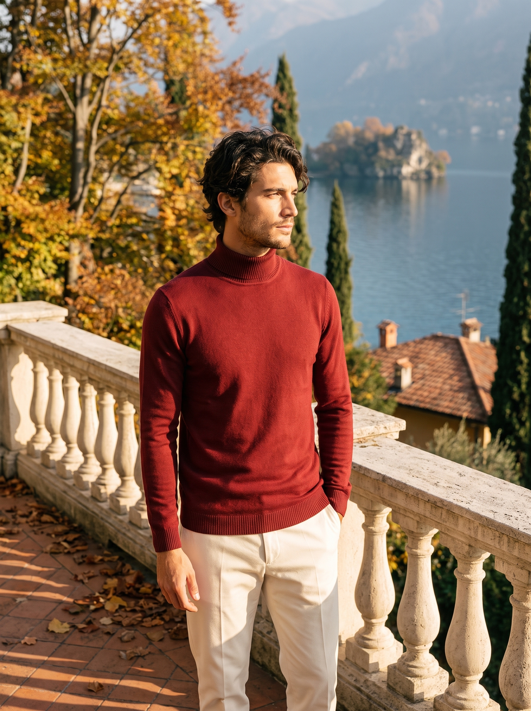 Classic-fit burgundy roll-neck jumper for men - J&B - 2 - London-stylehouse.com