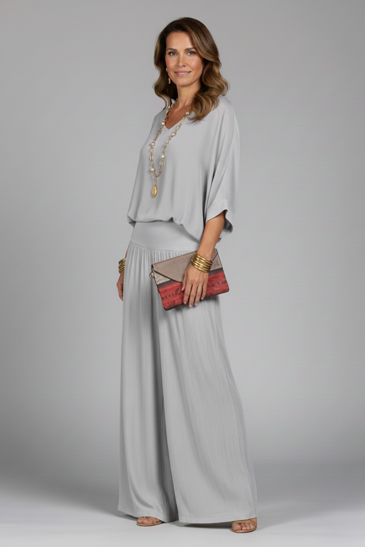Chic V-neck Two-Piece Ensemble for Women with Relaxed Trousers - J&B - 2 - London-stylehouse.com