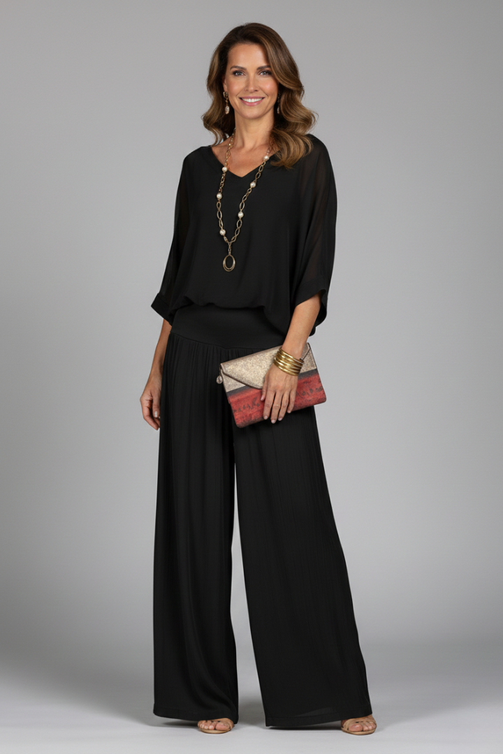 Chic V-neck Two-Piece Ensemble for Women with Relaxed Trousers - J&B - 3 - London-stylehouse.com