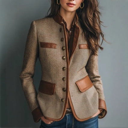 Elegant Women’s Tweed Jacket with Faux Leather Trim - J&B - 1 - London-stylehouse.com