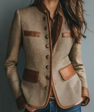 Elegant Women’s Tweed Jacket with Faux Leather Trim - J&B - 2 - London-stylehouse.com