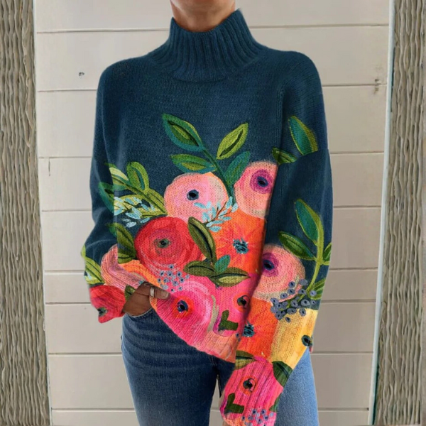 Floral Patterned Loose Fit Roll Neck Jumper for Women - J&B - 1 - London-stylehouse.com
